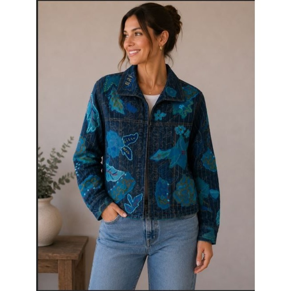 Denim Jacket sz 1/M Blue Floral Applique Embroidered Art Boho Festive Patchwork